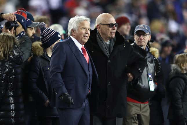 Robert Kraft and Rupert Murdoch stand together before the Patriots’ divisional playoff game on Jan. 14, 2017. Photo: Elsa/Getty Images.