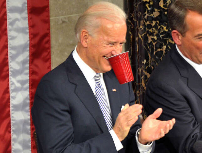 Image for article titled Biden Clenches Plastic Beer Cup In Teeth To Free Hands For Clapping