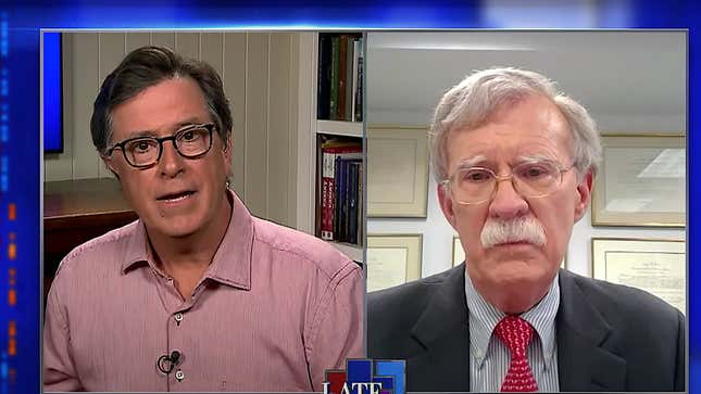 Stephen Colbert tries not to laugh in the face of former Trump enabler John Bolton