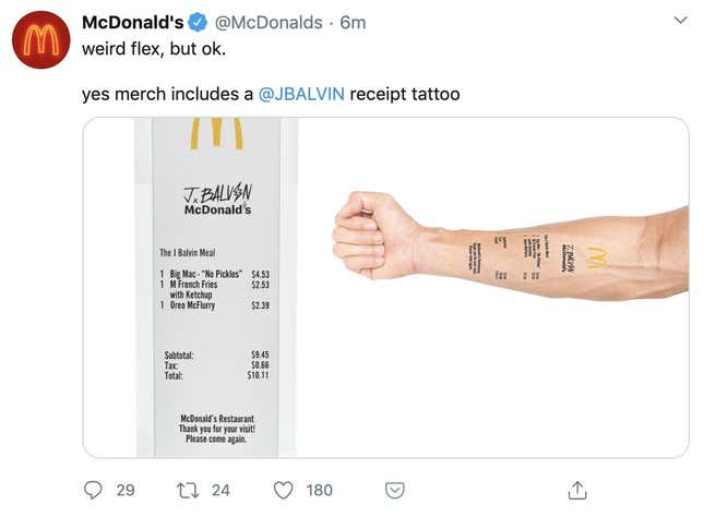 The McDonald's J Balvin meal receipt temporary tattoo