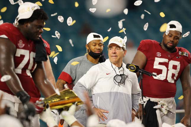 Head coach Nick Saban of the Alabama Crimson Tide reacts after defeating the Ohio State Buckeyes 52-24 in the College Football Playoff National Championship game at Hard Rock Stadium on January 11, 2021 in Miami Gardens, Florida. 