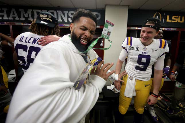 Odell Beckham Jr. celebrates in the locker room with Joe Burrow #9 of the LSU Tigers after their 42-25 win over Clemson Tigers in the College Football Playoff National Championship game at Mercedes Benz Superdome on January 13, 2020, in New Orleans, Louisiana. 