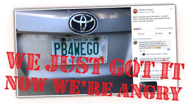 Image for article titled New Hampshire Recalls Mom&#39;s License Plate After It Took 15 Years To Figure Out Joke About Urine