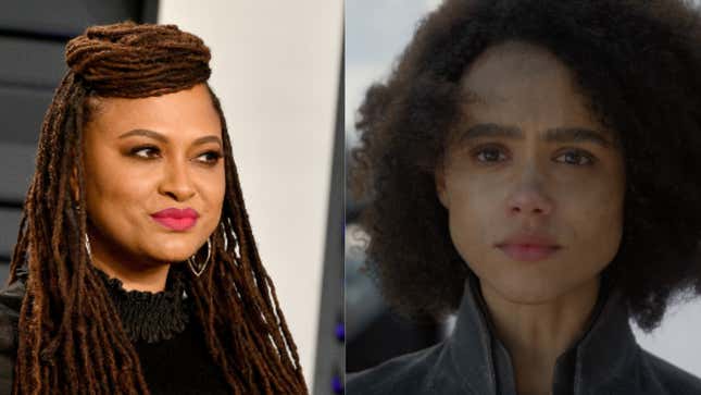 (L-R): Ava DuVernay attends the 2019 Vanity Fair Oscar Party on February 24, 2019 in Beverly Hills, California; Nathalie Emmanuel in Game of Thrones, Season 8, Episode 4.