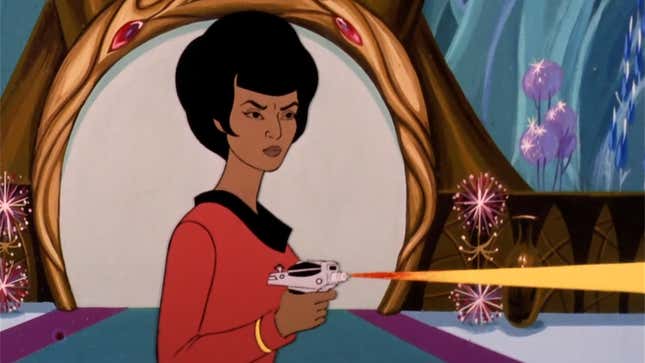 Uhura, in a rare moment of getting to actually take command.