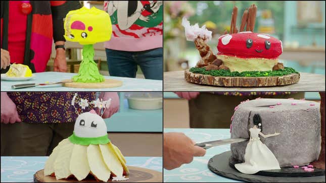 Clockwise from top left: Pineapple cake, mushroom cake, cherry blossom cake, shuttlecock cake