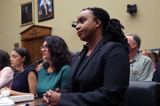 L-R: Rep. Alexandria Ocasio-Cortez (D-NY) Rep. Rashida Tlaib, (D-MI) Rep. Ayanna S. Pressley (D-MA) attend a House Oversight and Reform Committee hearing.