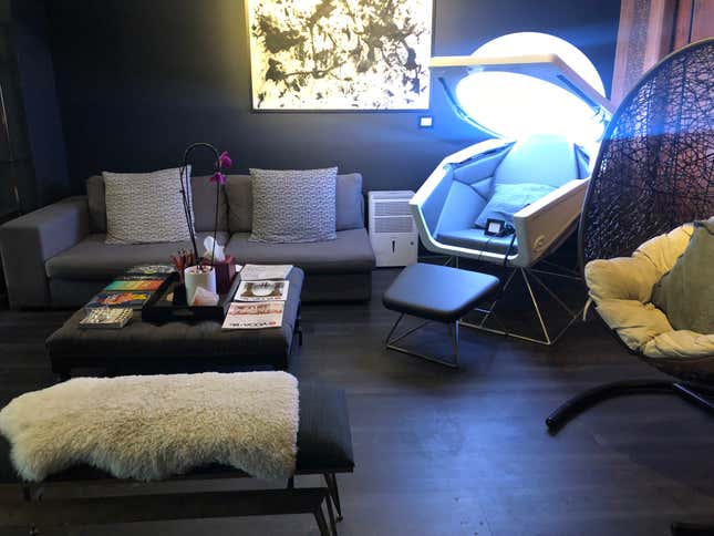 The reception area, and the meditation pod