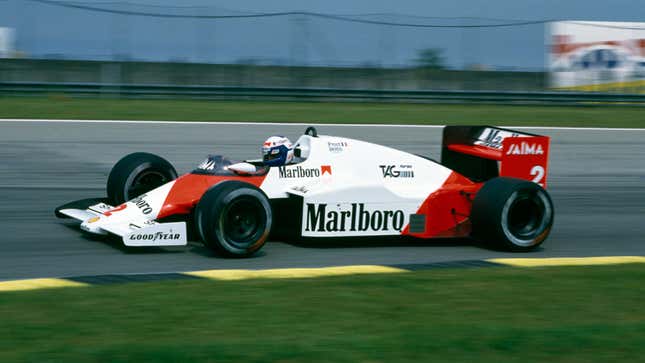 Alain Prost drives a McLaren powered by a TAG-Porsche engine in the 1985 Brazilian Grand Prix in Rio de Janeiro.