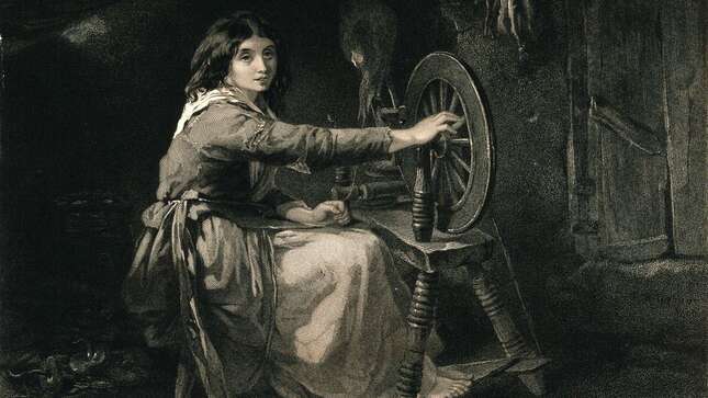 A young girl is sitting at a spinning wheel. Engraving by Francis Holl after F.W. Topham.