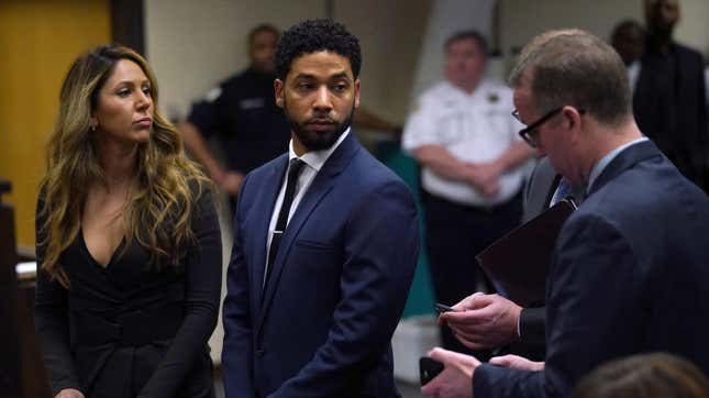 Jussie Smollett appearing at a court hearing in Chicago on March 14, 2019, with his attorney Tina Glandian