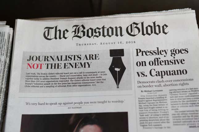 The front page of the Aug. 16, 2018, edition of the Boston Globe reads “Journalists are Not the Enemy” as part of an effort by newspapers to jointly decry Donald Trump’s description of the media as the “enemy of the people.” Now, in what’s being seen as a similar anti-press move, GOP lawmakers in Georgia are looking to put mandates on the press.