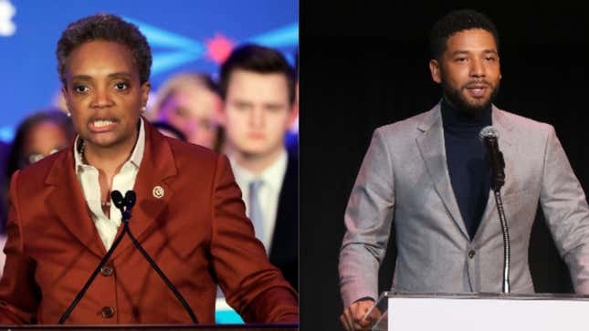 (L-R): Lori Lightfoot speaks at her election night party Tuesday, April 2, 2019, in Chicago. Jussie Smollett speaks at the Children’s Defense Fund California’s 28th Annual Beat The Odds Awards on December 6, 2018 in Los Angeles, California.