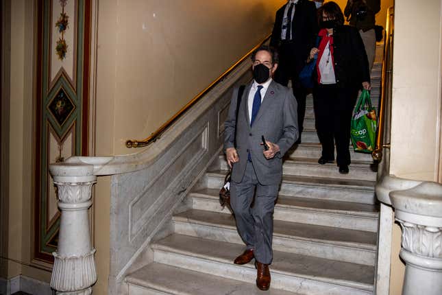 Lead U.S. House Impeachment Manager Rep. Jamie Raskin (D-MD) departs after the day’s proceedings in the impeachment trial of former President Donald Trump at the U.S. Capitol on Feb. 10 in Washington, D.C.