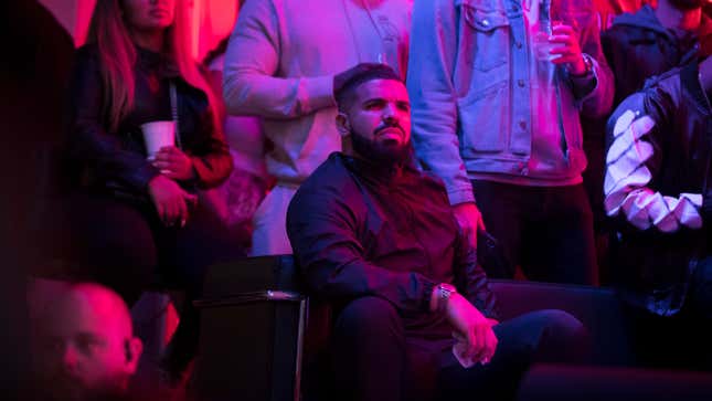 Drake watches a screen alongside other Toronto Raptors fans during Game Six of the NBA Finals on June 13, 2019 in Toronto, Canada. 