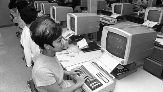 Vickie Wong, operates one of the department’s many Video Data Interrogators in Sacramento, California, Oct. 15, 1969 which feeds questions into a computer and receives an immediate answer.