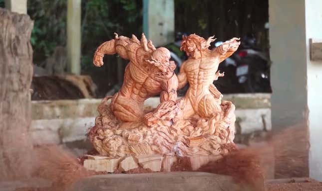 Image for article titled Incredible Wooden Statues Of Dragon Ball, Gundam, Attack On Titan, And More