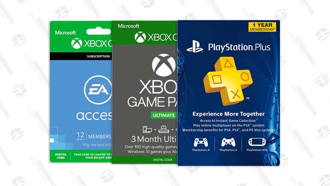 Xbox Game Pass Ultimate (Three Months) | $25 | CDKeys
PlayStation Plus (12 Months) | $30 | CDKeys
EA Access 12 Months (PS4, Xbox One) | $25 | Amazon