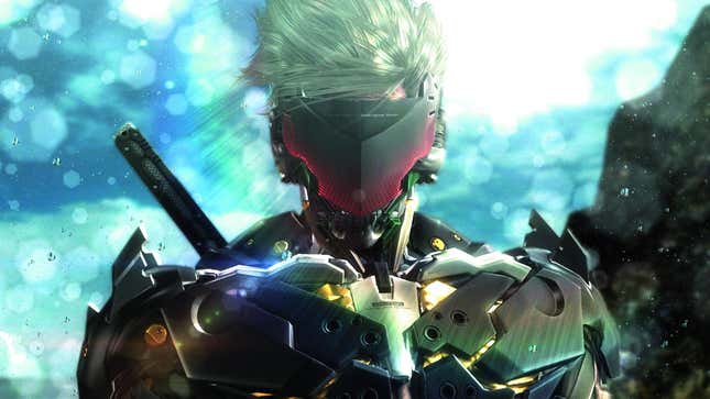 Metal Gear Rising: Revengeance-Protagonist Raiden steht vor der Kamera, sein Gesicht ist von einer roten Maske bedeckt.