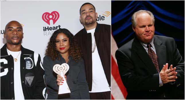 Power 105.1&#39;s The Breakfast Club’s hosts Charlamagne Tha God, Angela Yee and DJ Envy; conservative radio host Rush Limbaugh.