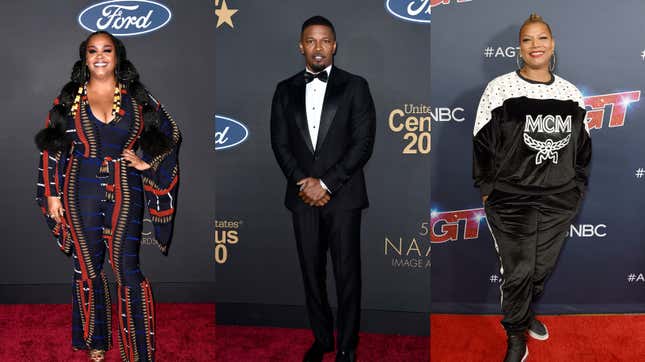 Jill Scott, left, and Jamie Foxx, center, attends the 51st NAACP Image Awards, Presented by BET on February 22, 2020 in Pasadena, California. ; Queen Latifah arrives at “America’s Got Talent” Season 14 Live Show on September 10, 2019 in Hollywood, California.