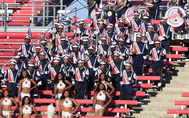 Members of the Howard Bison Showtime Marching Band wait to perform during a game against the UNLV Rebels on September 2, 2017.