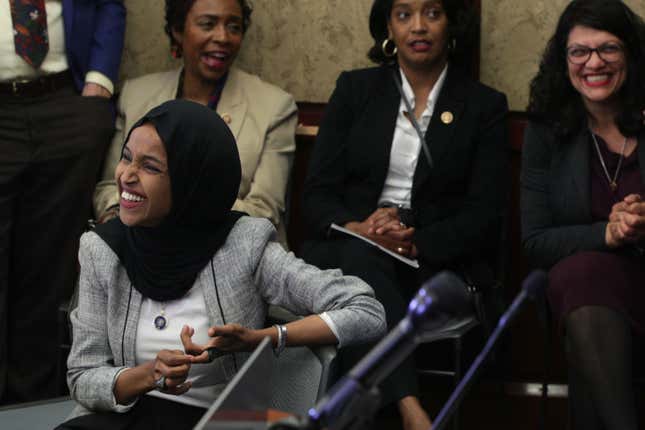  U.S. Rep. Ilhan Omar (D-MN), Rep. Yvette Clarke (D-NY), Rep. Jahana Hayes (D-CT) and Rep. Rashida Tlaib (D-MI) listen during a Congressional Iftar event at the U.S. Capitol May 20, 2019