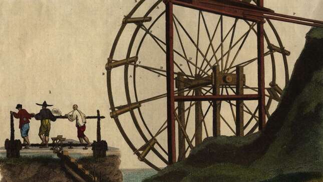 14th October 1811: Workers operating by foot a huge irrigation wheel used in China.