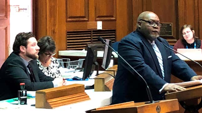 Rep. Greg Porter, D-Indianapolis, speaks against the House Republican budget proposal during debate Monday, Feb. 25. 2019, in Indianapolis.