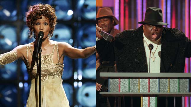 (L-R): Whitney Houston performs during the 2004 World Music Awards on Sept. 15, 2004, in Las Vegas, Nev.; Notorious B.I.G., who won rap artist and rap single of the year, at the podium during the annual Billboard Music Awards in New York, in Dec. 6, 1995.