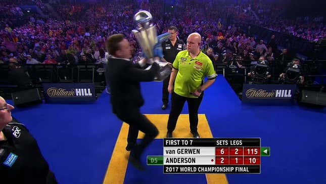 Idiot On The Field At World Darts Championship Steals Trophy
