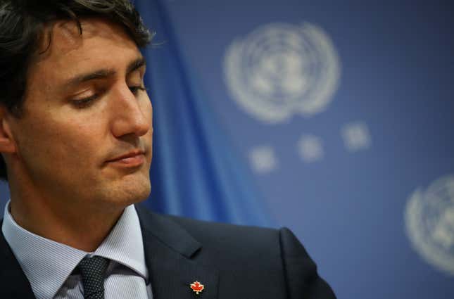 Justin Trudeau holds a press briefing, Sept. 21, 2017, in New York City. 