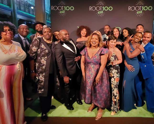 The Root Crew, left to right: Monique Judge, Root 100 honoree Jaime Harrison, Terrell Jermaine Starr, Genetta M. Adams, Ashley Velez, Michael Harriot, Maiysha Kai, Danielle Belton, Tonja Renee Stidhum (behind Danielle), Jay Connor, Anne Branigin, Angela Bronner Helm, Felice Léon, Jessica Moulite, PJ Rickards, and Corey Townsend.