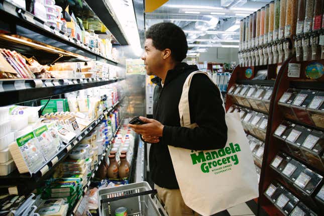 Shopper at Mandela Grocery Cooperative in West Oakland, Calif.