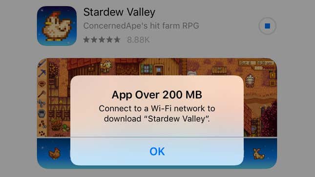 Image for article titled Apple&#39;s 150 MB App Download Cap Raised To 200 MB, Still Dumb