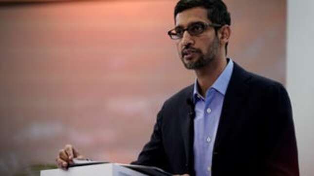 Google CEO Sundar Pichai speaks during a conference in Brussels.