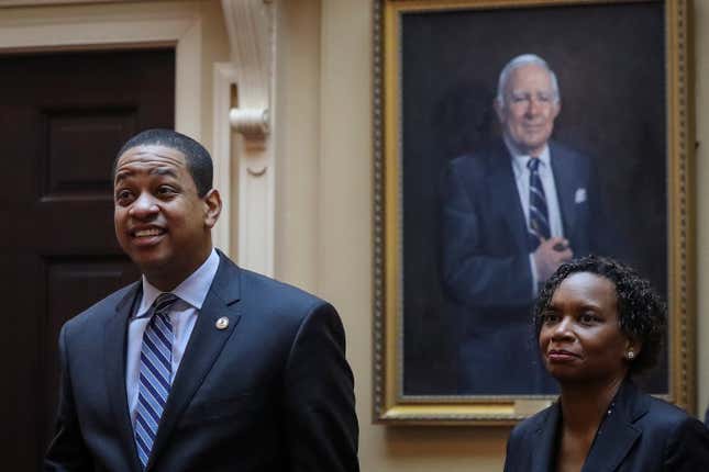 Virginia Lt. Governor Justin Fairfax (L) arrives on the Senate floor at the Virginia State Capitol, February 8, 2019 in Richmond, Virginia.