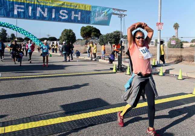  Doria Ragland crosses the finish line at the 21st Annual Alive And Running 5k For Suicide Prevention on September 29, 2019 in Los Angeles, California.