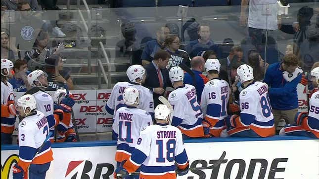 Islanders Coach Jack Capuano Takes Puck To The Face