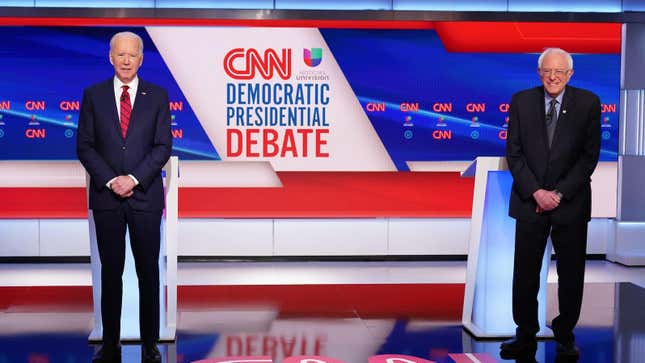 Image for article titled An Extremely Chill, Intimate Evening With 2 Adult Men... It's Your Democratic Debate Liveblog, Pandemic Edition