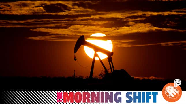 In this Wednesday, April 8, 2020, file photo, the sun sets behind an idle pump jack near Karnes City, Texas. 