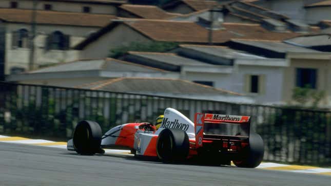 Ayrton Senna in the 1993 Brazilian Grand Prix at Interlagos.