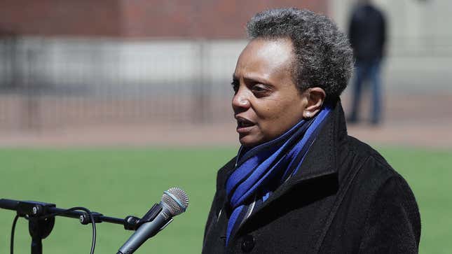  Chicago mayor Lori Lightfoot speaks during a press outside of Wrigley Field on April 16, 2020 in Chicago Illinois.