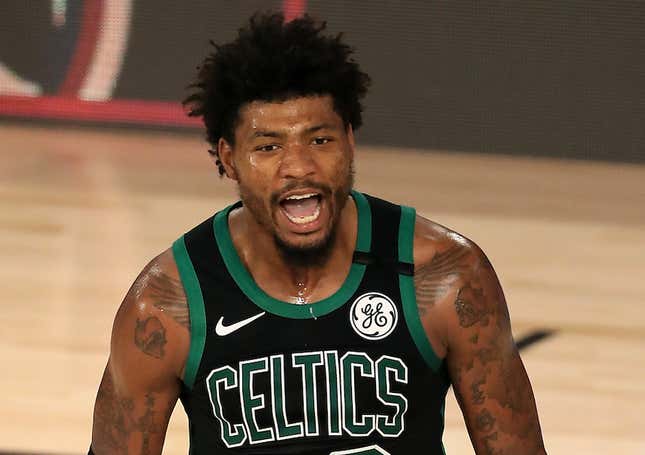 Marcus Smart #36 of the Boston Celtics reacts to a call during the fourth quarter against the Toronto Raptors in Game Two of the Eastern Conference Second Round during the 2020 NBA Playoffs at The Field House at ESPN Wide World Of Sports Complex on September 01, 2020 in Lake Buena Vista, Florida. 