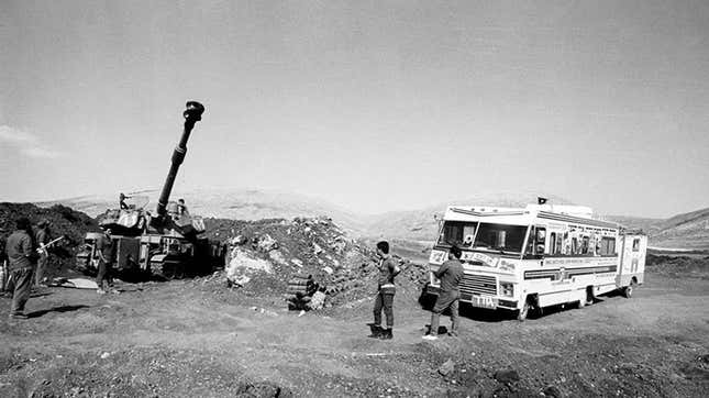 A Mitzvah Tank pulling a Sukkah arrives to help Israeli soldiers in Southern Lebanon celebrate Sukkot in 1983.