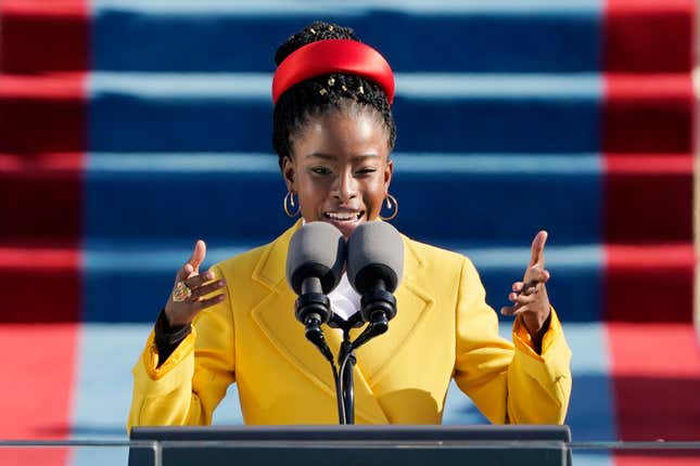 American poet Amanda Gorman reads a poem during the 59th inaugural ceremony on the West Front of the U.S. Capitol on January 20, 2021 in Washington, DC. During today’s inauguration ceremony Joe Biden becomes the 46th president of the United States.