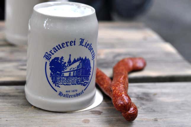 Lieberth’s Kellerbier from Hallerndorf, Germany. Also, sausage.