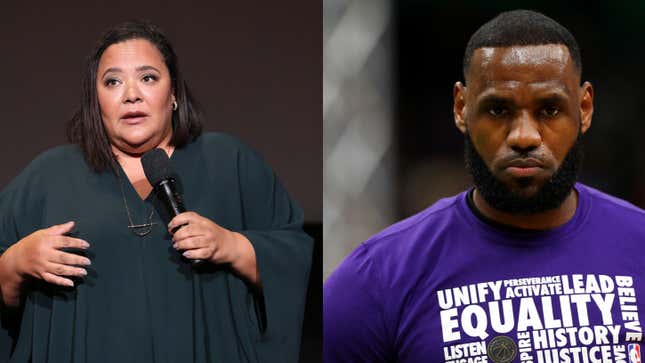 dream hampton attends Lifetime’s “Surviving R Kelly” Emmy FYC Screening on May 07, 2019, in North Hollywood, California. ; LeBron James looks on before the game on February 07, 2019, in Boston, Massachusetts. 