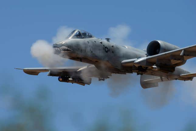 An A-10C Thunderbolt II assigned to 75th Fighter Squadron performs a low-angle strafe during the 2016 Hawgsmoke competition, June 2, 2016