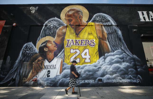 A mural depicting deceased NBA star Kobe Bryant and his daughter Gianna, painted by @sloe_motions, is displayed on a building on February 13, 2020 in Los Angeles, California. 